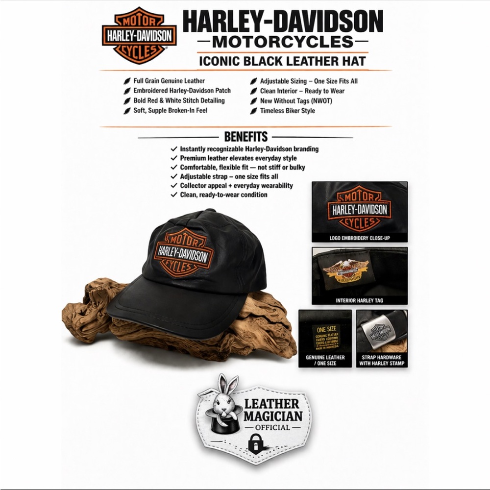 Harley-Davidson Black Leather Genuine Leather Emb Logo Adjustable Hat NWOT
